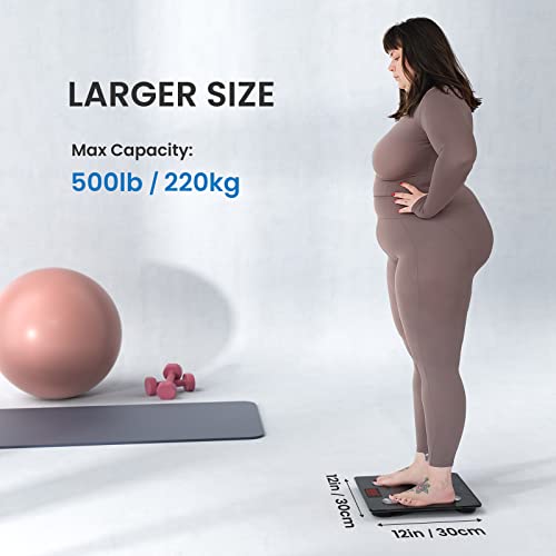 RENPHO Scale for Body Weight 500 lbs, Extra-High Capacity Smart Bathroom Scale with Ultra Wide Platform 12 x 12 inches, Body Fat Scale with Large LED Display, Health Monitor Sync App, Elis 1 L
