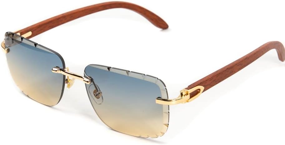 Street Knitted Square Gold Frame Gem Cut Rimless Trendy Cool Blue Tan Gradient Tint Unisex Sun Glasses Men's Retro Hip Hop Gray Brown Woodgrain Rectangle Frameless Diamond Cut Lens Shades Sunglasses - Image 5