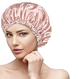 Amzpas Schlafmütze Satin Bonnet Verstellbar Damen Mädchen Motorhauben Nacht Haarpflege Schutz Kopfhaube für Locken Lange Haaren Glatt Atmungsaktiv(RosaSand)
