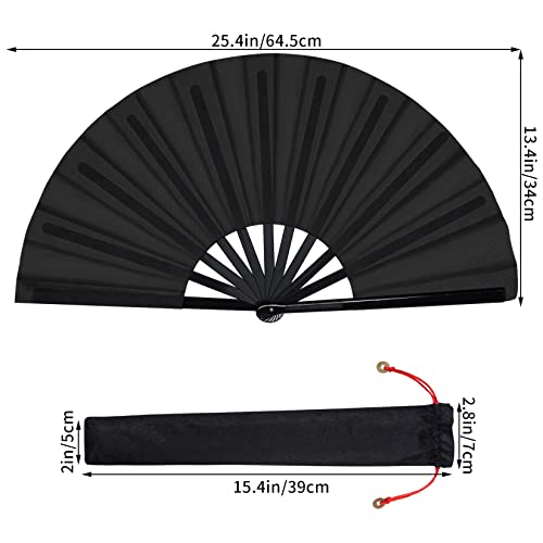 2 Packs Large Folding Hand Fan Handheld Folding Fans Chinese Tai Chi Folding Fan Nylon Cloth Chinese Kung Fu Fan With Holder Sleeve For Men And Women Performance Dance Decorations Festival (Black) #TOP1