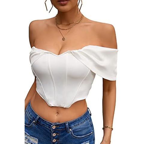 ForeFair Women's Sexy Off The Shoulder Croset Top Boned Backless Bustier Satin Crop Top, A White, Medium Cover