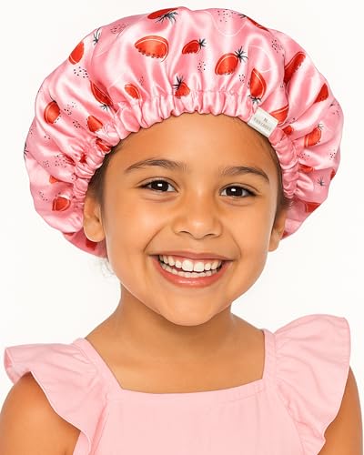 YANIBEST Baby Satin Bonnet Sleep Cap - Double Layer Reversible Adjustable Silky Satin Cap for Infant Toddler(5-12 Year Strawberry)
