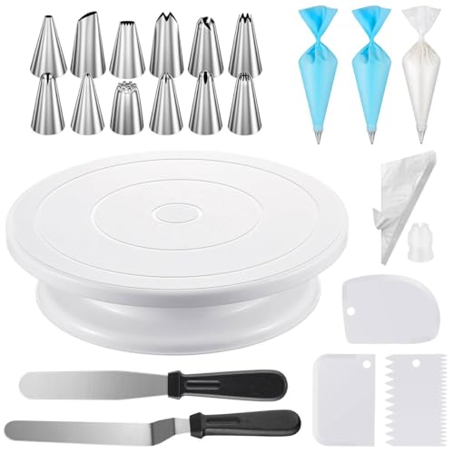 Torten Zubehör Set, Tortenplatte Drehbar, Drehteller Torte, Torten Tortenplatte Drehbarer Kuchen Drehteller, mit Kuchenschabern, Tortenspachtel Glätter, Spritzbeuteln Spritzspitzen, Tortenzubehörset