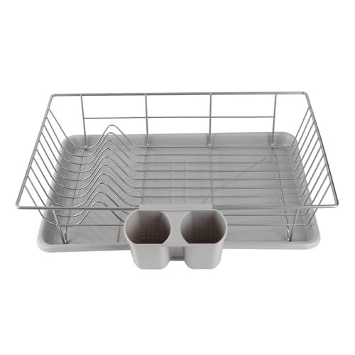 Escurreplatos de metal con cesta para cubiertos y bandeja de goteo, soporte para cubiertos para cocina, platos y cubiertos, 48 x 30 x 11 cm