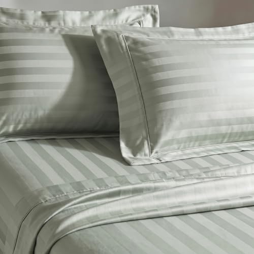 Image of LANE LINEN 100% Cotton Super King Bedsheet with 2 Pillow Cases | Damask Stripe 3pc Bedding Set- 2.74M x 2.74M | Breathable & Comfortable Fabric | Oeko-TEX Certified - Mineral