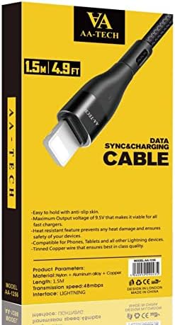 AA-TECH USB C to Lightning Cable, Nylon Braided 1.5M Type C to Lightning PD Fast Charger Data Lead Cable Compatible with iPhone 13 12 11 Pro Max XR XS X 8 Plus