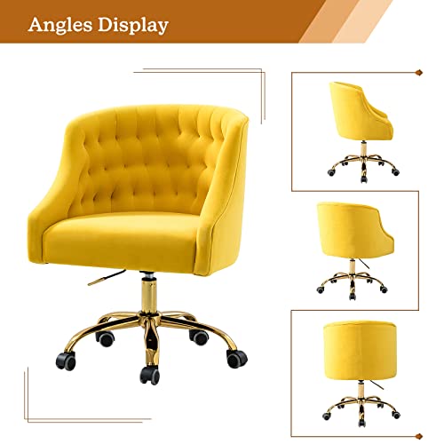 Velvet Home Office Chair With Gold Base, Comfortable Modern Cute Desk Chair, Adjustable Swivel Task Chair For Living Room Bedroom Vanity Study, Yellow #TOP5