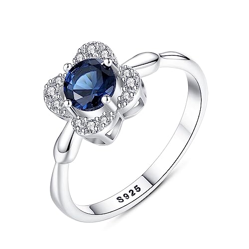 Sri Lankan Blue Sapphire & CZ Diamond Flower Women Ring 925 Sterling Silver Rhodium Plated Promise Engagement Zirconia Ring for Her Valentine's Day Size 5-10