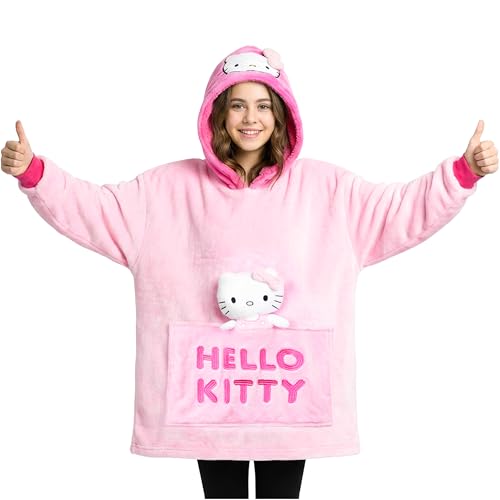 Hello Kitty Sanrio Blanket Hoodie Girls Teens, Kawaii Oversized Fleece Wearable Blanket with Plush Loungewear Gifts for Girls (Pink Hello Kitty)