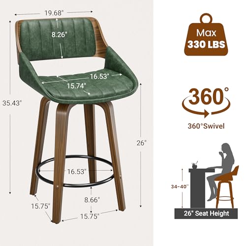 Image of YaFiti Bar Stools Set of 1, 26 inch Swivel Counter Height Barstools with Bentwood Back and Legs, Mid Century Modern Upholstered Faux Leather Counter Stools for Kitchen Island, Dining Room, Green