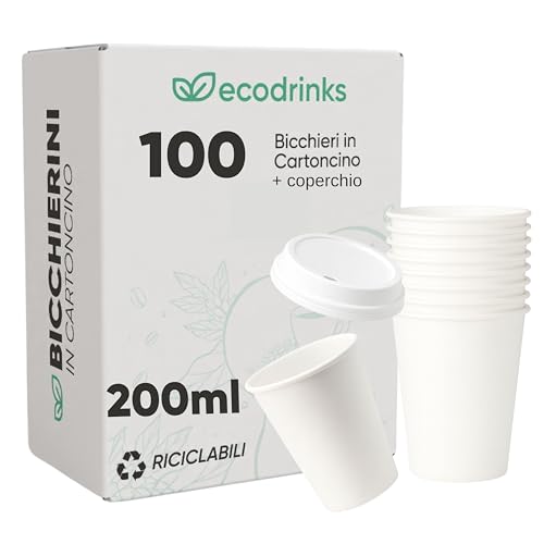 ecodrinks - 100 Bicchieri di Carta con Coperchio di Plastica da 210ml - Per Caffè Lungo, Espresso, Ginseng, Acqua o Cocktail - Adatti all'Uso Domestico, Bar, Uffici e Eventi