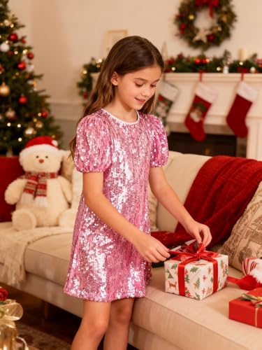 Image of WELAKEN Girls Ombre Sequin Dress Sparkly Fancy Short Puff Sleeves Gradient Party Dress
