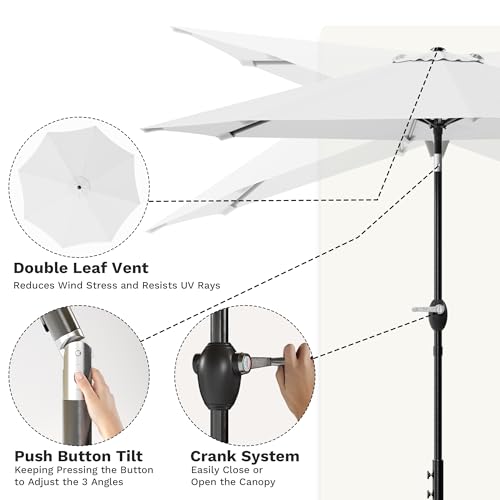Image of Greesum Outdoor Patio Umbrella with Base, Table Umbrella with 8 Sturdy Ribs, Push Button Tilt and Crank, Market Table Parasol for Garden, Lawn, Backyard & Pool, White