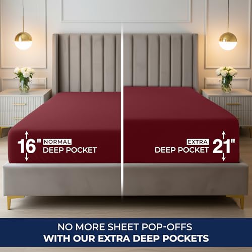 Utopia Bedding King Deep Pocket Fitted Sheet – Extra Deep Pocket – Fits up to 21 Inch Mattress – Hotel Luxury – Soft, Breathable and Comfy – Shrinkage and Fade Resistant – Easy Care – (Burgundy)