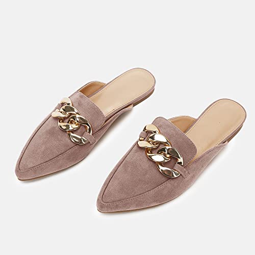 Juliet Holy Womens Mules Flats Pointed Toe Backless Loafers Slip On Metal Chain Slides Taupe #TOP4