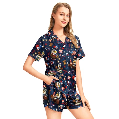 Image of Funny Pajamas for Women Set Print Satin Loungewear Pjs Short Sleeve Button Down Top and Shorts Sets Sleepwear XS-3XL