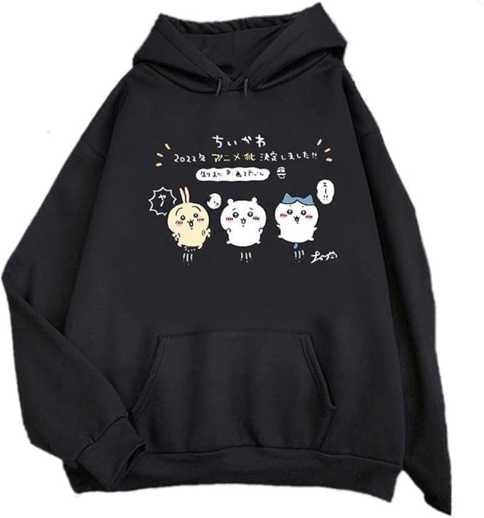 2 pc collection Anime Couple Print Long Sleeves Winter Fleece Relaxed Fit Hoodie with Front Pocket Men's & Women's Sweater | Black, Large-picture-15