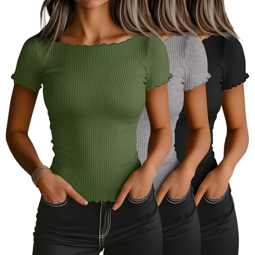 Riyiper 3 Pack Women's Lettuce Trim Boat Neck Tops Ribbed Short Sleeve T-Shirts Crop Slim Fit Summer Basic Tees Shirt