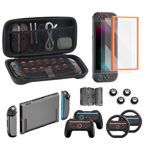 LCLALAY Switch 2 Accessories Bundle, 16 in 1 Game Kit: Carrying Case, Two Screen Protector with Alignment Frame, Steering Wheel for Mario Kart, Grip for joycon Controller Console Protective Cover
