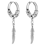 T-ztoss Stainless Steel Punk Drop Dangle Hinged Earrings Feather Gothic Mens Earring Black Huggie Hoop Earrings for Women (Silver feather)