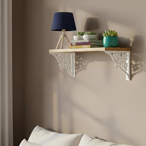 Image of Wall Shelf with Wooden Top Black|White Iron Brackets Storage Rack|Industrial Wall-Mounted Floating Shelf for Living Room,Kitchen,Bathroom (White Triple Floral Large)