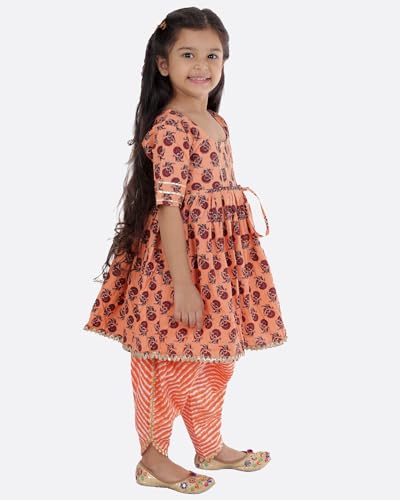 Image of superminis Cotton Blend Baby Girl's Jaipuri Print Frock Style Kurti With Frill Sleeves And Dhoti Style Salwar With Elastic Closure Ethnic Dress Clothing Set