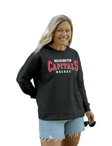 Blue 84 Washington Capitals NHL Officially Licensed Women's Crewneck Sweatshirt Reverse Terry Embroidered, Medium Black