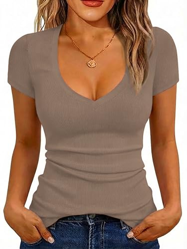 Image of Albe Rita Women Short Sleeve T-Shirt Cap V Neck Shirts for Women Ribbed Casual Top Knit Slim Fit for Summer