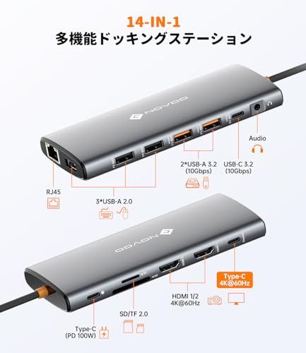 NOVOO USB C ハブ 14-in-1 ドッキングステーション HDMI 2つ 3画面出力 4K@60Hz対応 Type-C ハブ デュアルモニター トリプルディスプレイ MST/SST対応 USB-C ドック MacBook Pro/Air iPad Pro Surface Steam Deck ROG Ally Dell XPS Lenovo HP ASUS Acer対応