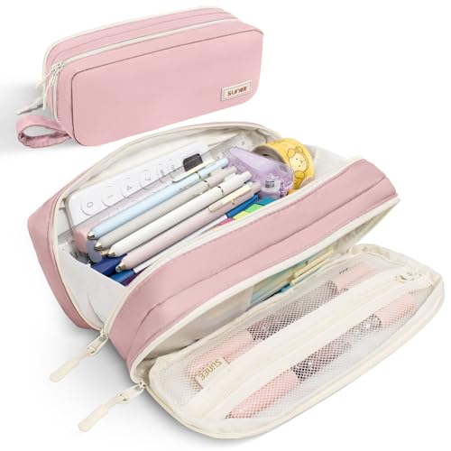 Image of SUNEE Pencil Case, Large Capacity Pencil Pouch, Aesthetic Pen Bag Office Stationery Organizer Simple Sturdy Multifunctional for Teen Girls Women Men, Pink