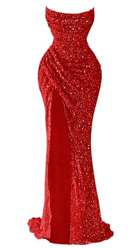 Zeeyecie Sequin Strapless Prom Dress 2026 Long Sparkly Mermaid Glitter Red Evening Formal Party Ball Gowns with Slit US6