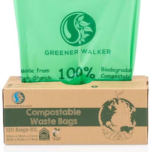 Greener Walker 25% Extra Thick Compost 6L/10L/30L Caddy Bin Liners-120 Bags Biodegradable Kitchen Food Waste Bags(10L)
