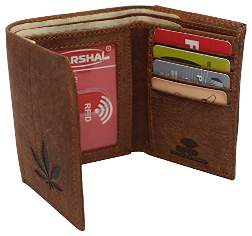 MARSHAL Marijuana Leaf Men's Real Leather RFID Blocking Trifold Wallet with Outside ID Window3