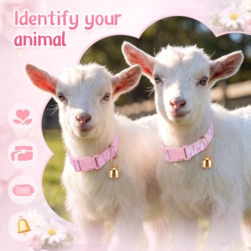 Image of 2 Pack Goat Collars with Bells Pink Bow Pattern Cute Sheep Grazing Copper Bells and Adjustable Nylon Collar Set Loud Bronze Bell Small Farm Animal Sheep Cow Accessories Supplies