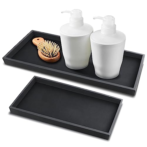 2 Packs Silicone Vanity Tray, Large & Small Bathroom Trays for Counter, Dish Soap Holder for Kitchen Sink, Rectangle Perfume Key Toilet Dresser Organizer Tray Decor (Black)
