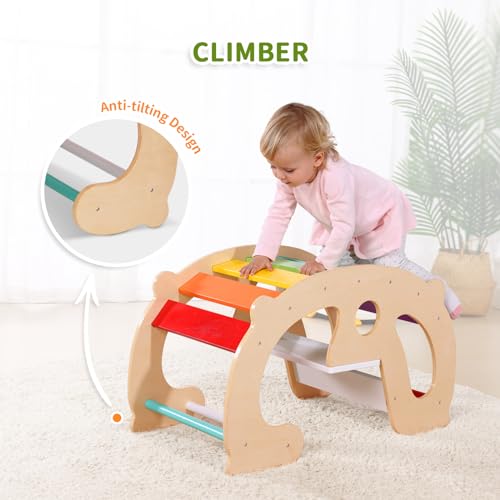 OOOK 2 in 1 Rainbow Climbing Toys - Pikler Montessori Climbing Set, Wooden Rocking Horse Toy, Children Indoor Outdoor Play Gym Learning Playset, Playground for Kids Present