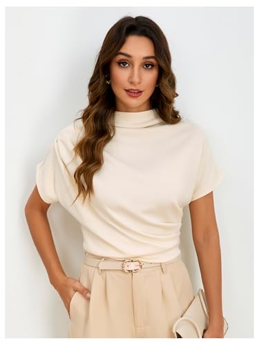 SweatyRocks Women's Casual Short Sleeve Mock Neck Tee Top Asymmetric Ruched Plain T Shirt4