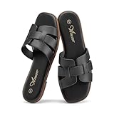 Athlefit Women's Black Flat Sandals Fashion Square Open Toe Dressy Summer Slip On Leather Slide Sandals Size 7