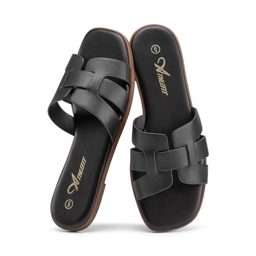 Athlefit Women's Black Flat Sandals Fashion Square Open Toe Dressy Summer Slip On Leather Slide Sandals Size 7