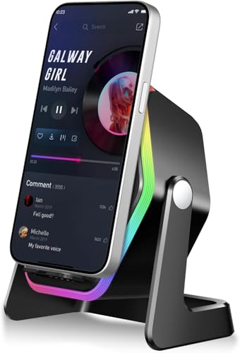 Image of Hupoaf Wireless Induction Speaker, 5 in1 Bluetooth Phone Speaker with Mirror, Stereo Sound, RGB Ambient Light, 2600mAh, Tech Gifts for Men Women, Adjustable Phone Stand for iOS /Android, RGB-Black