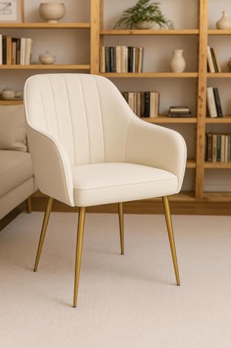 Image of Velvet Accent Chair | Luxury Upholstered Armchair with Sturdy Metal Legs | Modern Comfortable Chair for Living Room, Bedroom, Office, or Cafe (Golden Legs, White Set of 1)