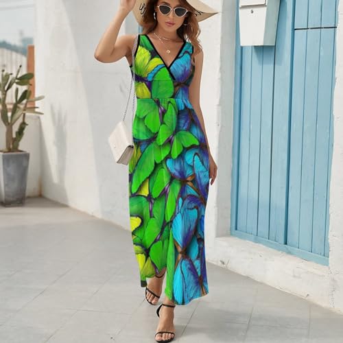 Robe maxi décontractée imprimé papillon violet col V sans manches