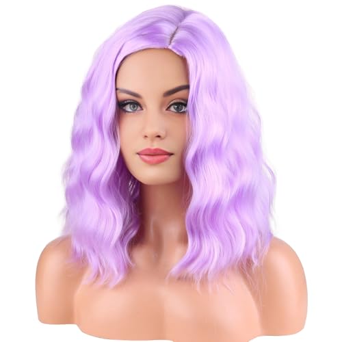 RightOn Lavender Purple Short Curly Wig Purple Curly Wigs for Women Daily Party or Cosplay Hairnet Include