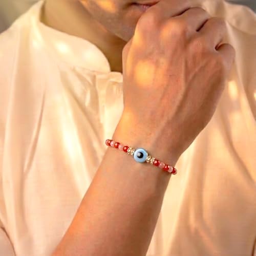 Image of Peora Evil Eye & Crystals Studded Rakhi for Brother Bhaiya | Red Thread | Raksha Bandhan Hamper with Roli Chawal Greeting Card