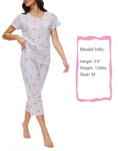 Image of CHUNG Women Cotton Pajama Sets Sleepwear pjs Short Sleeve Shirt Capri Length Crop Pants Cute Vivid Print