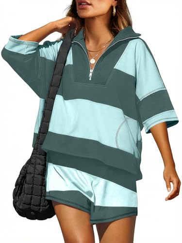 ANRABESS Striped Short Sets for Women 2 Piece Outfits Summer Casual Oversized Workout Athletisure Travel Lounge Matching Sets Green Mixed Small