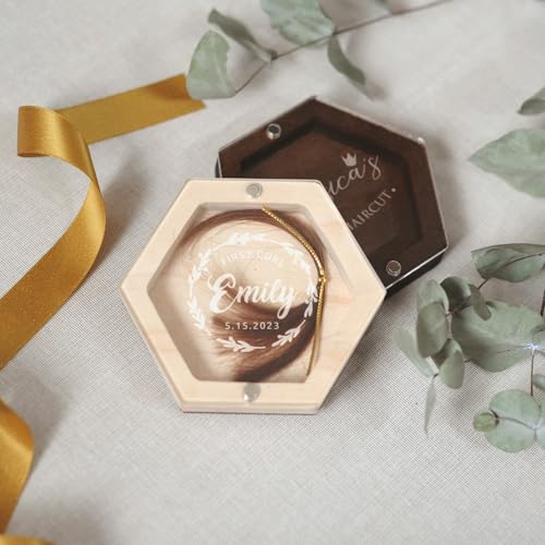 Image of Personalized Baby's First Haircut Memory Box with Name, Wooden Keepsake with Engraving, Hair and Tooth Storage Umbilical Cord Case for Baby Shower Birthday Gift (Light Wood)