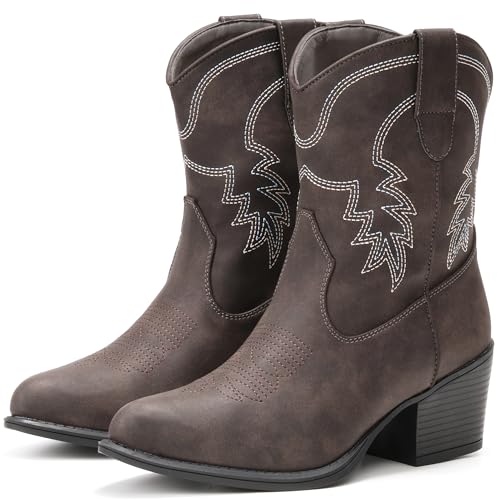 Image of IXU Cowboy Boots for Women Ankle Cowgirl Booties Wide Mid Calf Pointed Toe Western Boots Short Chunky Classic Booties