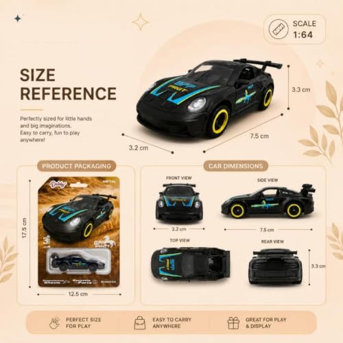 Image of 1:64 Scale Premium Die Cast Metal Sports Car Model Toy Miniature Collectible Replica with Smooth Free Rolling Wheels High Detail Exterior for Display Collection and Gift (Black)