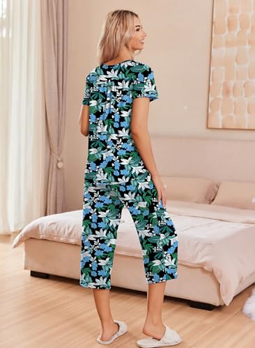 Image of Ekouaer Women's Pajama Sets Short Sleeve Sleepwear Button Up Pj Loungewear Top and Capri Pants with Pockets